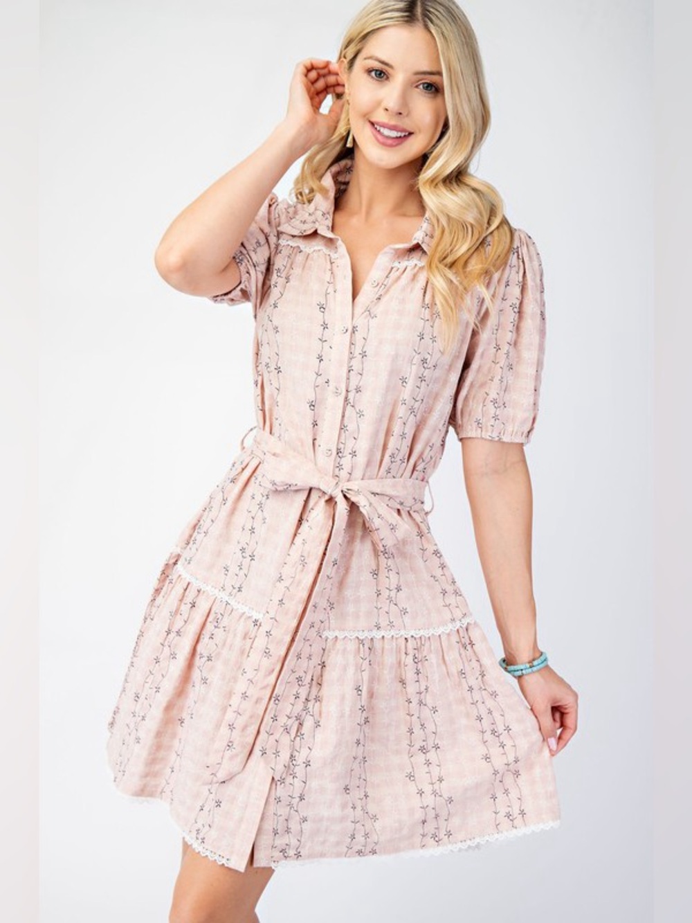 Boutique Embroidered Shirt Dress – Blush